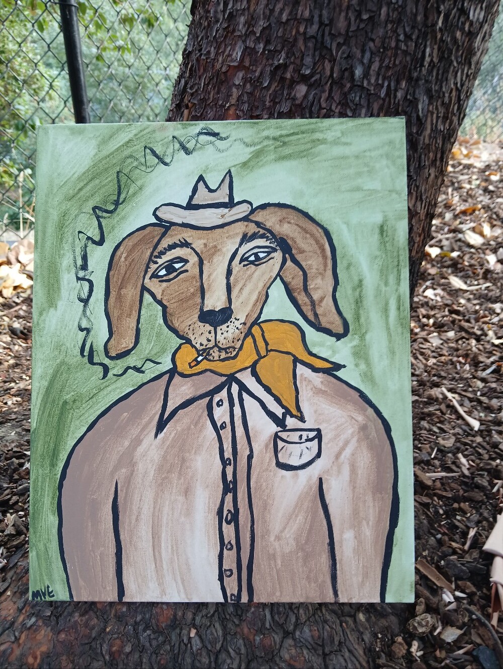 Smoking Dog Painting Folk Art